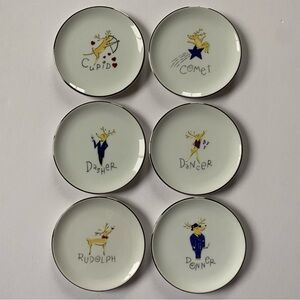 Pottery Barn Reindeer Coaster Set 6 Pieces Ceramic Vintage Round EUC Japan Fun!